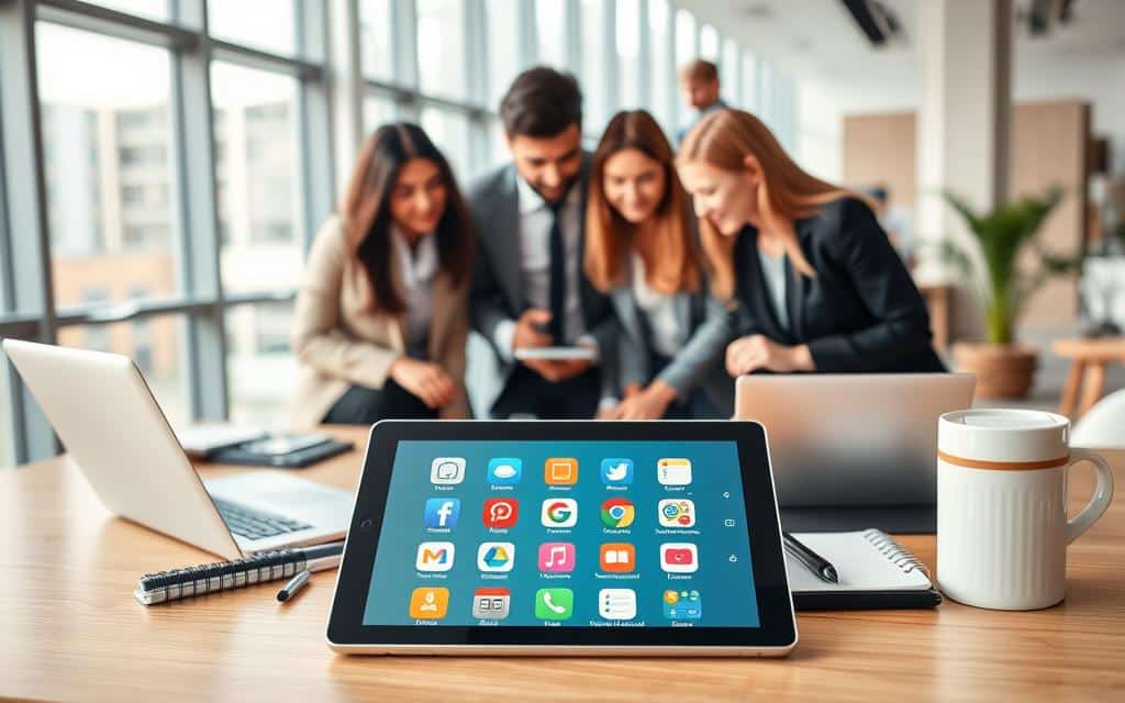 A dynamic composition showcasing a collection of integrated tools symbolizing all-in-one apps for daily needs. In the foreground, a sleek tablet displays various app icons representing productivity, communication, entertainment, and health. The tablet is surrounded by modern office items like a stylish laptop, a planner, and a coffee cup, all arranged on a polished wooden desk. In the middle, a diverse group of professionals in business attire collaborate over the tablet, engaged in discussion, highlighting teamwork and efficiency. The background features a bright and modern office space with large windows allowing natural light to flood in, creating an inviting atmosphere. The scene is captured from a slightly elevated angle, emphasizing productivity and cooperation. The overall mood conveys innovation and streamlined workflow.
