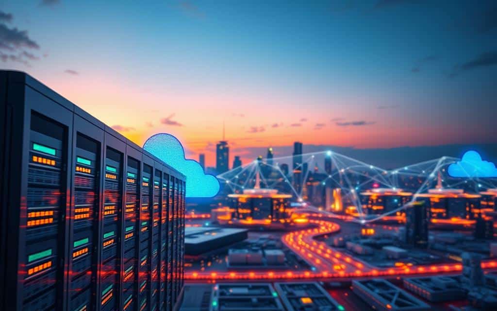 A futuristic cloud infrastructure scene, showcasing an interconnected network of servers and digital data streams. In the foreground, visualize sleek, modern servers with glowing LED lights, symbolizing advanced technology. The middle ground features abstract cloud formations, pulsating with vibrant colors, representing data flow and connectivity. In the background, a city skyline is illuminated under a twilight sky, illustrating the integration of cloud technology into urban life. The lighting should be dynamic, with soft glows emanating from the servers and clouds, creating a sense of innovation and progress. Use a wide-angle perspective to emphasize the scale and depth of the scene, evoking a mood of optimism and foresight about the future of cloud tools.