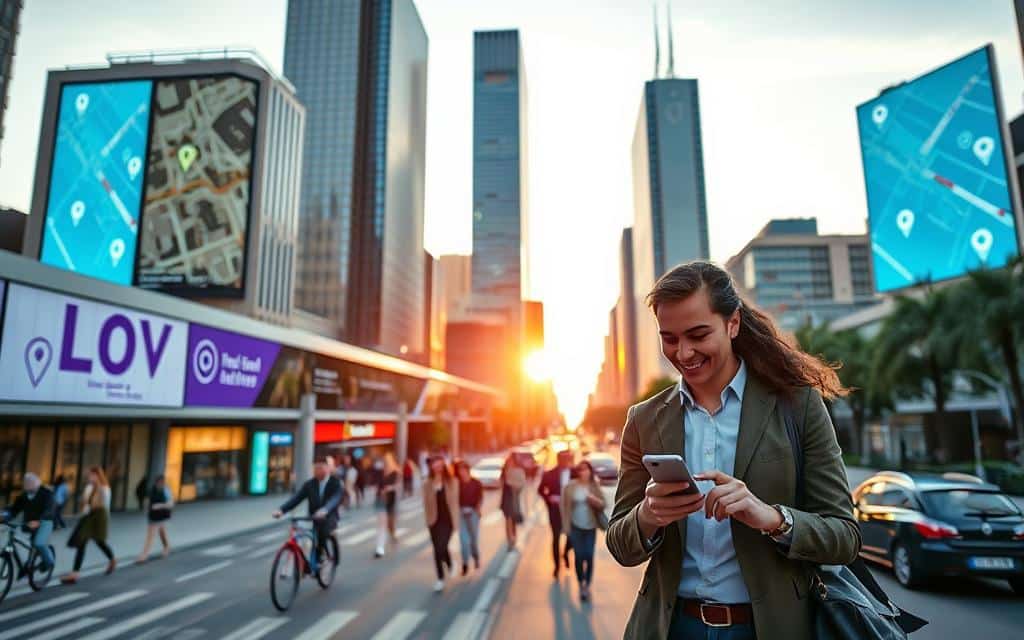 A modern cityscape during the golden hour, with a clear sky and soft, warm lighting illuminating the scene. In the foreground, a diverse group of three people, dressed in smart casual attire, are interacting with their smartphones, seemingly using location services to navigate. One person points towards a nearby landmark, while another glances at their phone with a focused expression. The middle ground features a bustling urban street with people walking, bicycles, and cars, giving a sense of movement and life. In the background, tall buildings with digital screens display maps and location markers, subtly enhancing the theme of navigation and technology. The overall mood is vibrant and innovative, reflecting the simplicity and convenience of location services in everyday life.