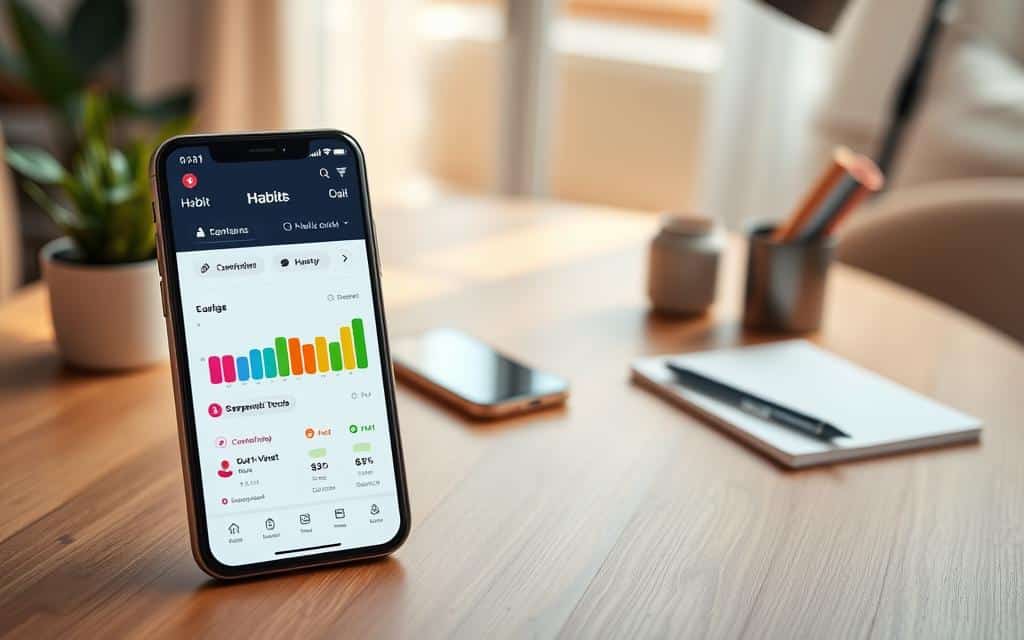 A modern habit tracker app interface displayed prominently in the foreground. The app screen features colorful, easy-to-read graphs and checkboxes showcasing daily goals and progress in an organized manner. In the middle ground, a smartphone rests on a crisp, wooden desk surrounded by motivational items like a plant and a notepad. The background features a softly blurred home office setting with warm, natural lighting streaming through a window, creating an inviting atmosphere. The overall mood is one of productivity and motivation, emphasizing personal development. Utilize a slight overhead angle to showcase the app's features clearly, with focus on the phone’s screen for a tech-savvy, engaging look.