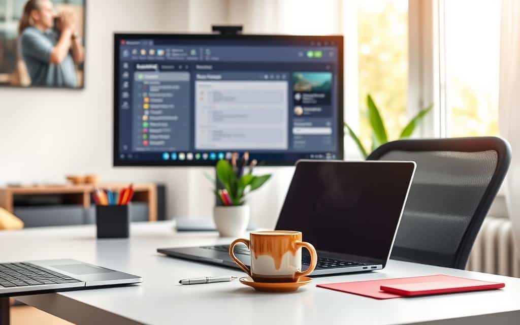 A modern home office setup designed to boost productivity, featuring a sleek desk with an ergonomic chair. In the foreground, a high-resolution monitor displays an organized workspace with task management software open. A laptop sits beside a stylish desk organizer filled with stationery. The middle ground includes a potted plant adding a touch of greenery, and a coffee mug steaming gently, suggesting warmth and focus. In the background, a large window provides soft, natural light, illuminating the room with a cozy yet professional atmosphere. Use a shallow depth of field to create a soft blur around the edges, emphasizing the workspace. The scene conveys efficiency and comfort, inspiring creativity in a stylish, uncluttered environment.