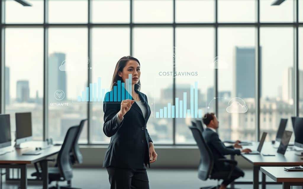 A modern office environment showcasing "digital services" in action. In the foreground, a professional woman in business attire engages with a holographic digital interface, surrounded by floating graphs and charts that represent cost savings. In the middle ground, desks with laptops and smart devices are visible, illustrating collaboration tools like video calls and cloud storage. The background features large windows with a city skyline, symbolizing a progressive business atmosphere. Soft, natural lighting filters through the windows, creating an inviting yet professional mood. The angle is slightly elevated, giving a broad view of the workspace. The overall atmosphere conveys optimism and innovation in digital transformation, highlighting the efficiency and economic advantages of modern technology.