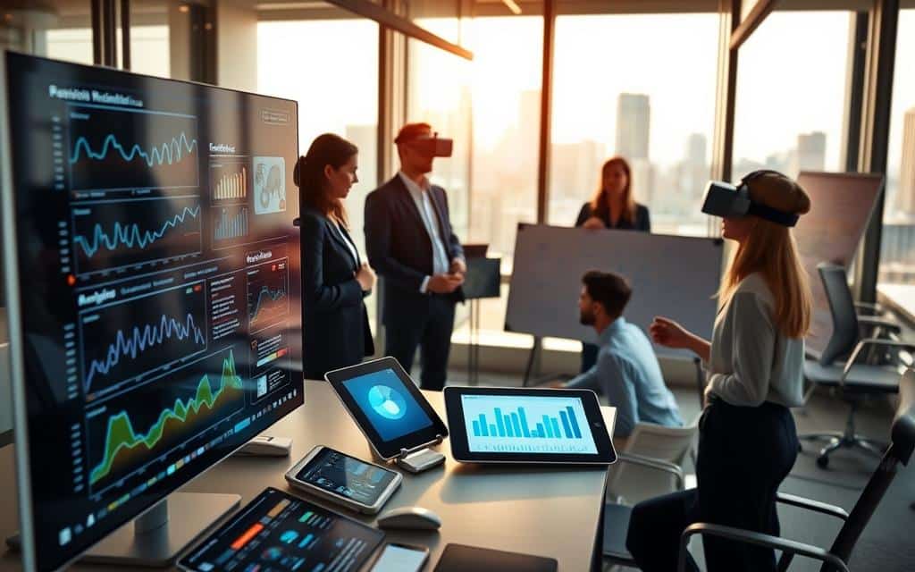 A modern office space featuring an array of advanced technology tools that aid in decision-making. In the foreground, display a sleek digital dashboard showing analytics and data visualizations, along with tablets and smartphones with interactive graphs. The middle ground should showcase a collaborative work area with professionals in business attire, engaging with virtual reality headsets and smart whiteboards, analyzing data together. The background features large windows revealing a cityscape, allowing natural light to flood the room. Use soft, warm lighting to create a productive and inviting atmosphere. Capture the scene from a slightly elevated angle to include all elements harmoniously, emphasizing the integration of technology and teamwork in overcoming information overload.