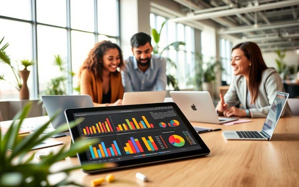 A modern workspace featuring a diverse group of three professionals—one Black woman, one Asian man, and one Hispanic woman—engaged in a collaborative discussion around a large table with laptops, tablets, and digital devices scattered around. In the foreground, a close-up of a tablet displaying colorful graphs and charts, emphasizing data analysis. The middle ground captures the professionals, focused and animated, dressed in smart casual attire. The background reveals a bright office space with large windows allowing natural light to flood in, plants adding a touch of greenery. The atmosphere is energetic and inspiring, symbolizing continuous learning and improvement in digital trends. Use soft lighting for a warm, inviting vibe, shot from a slightly elevated angle to capture a comprehensive view of the dynamic environment.