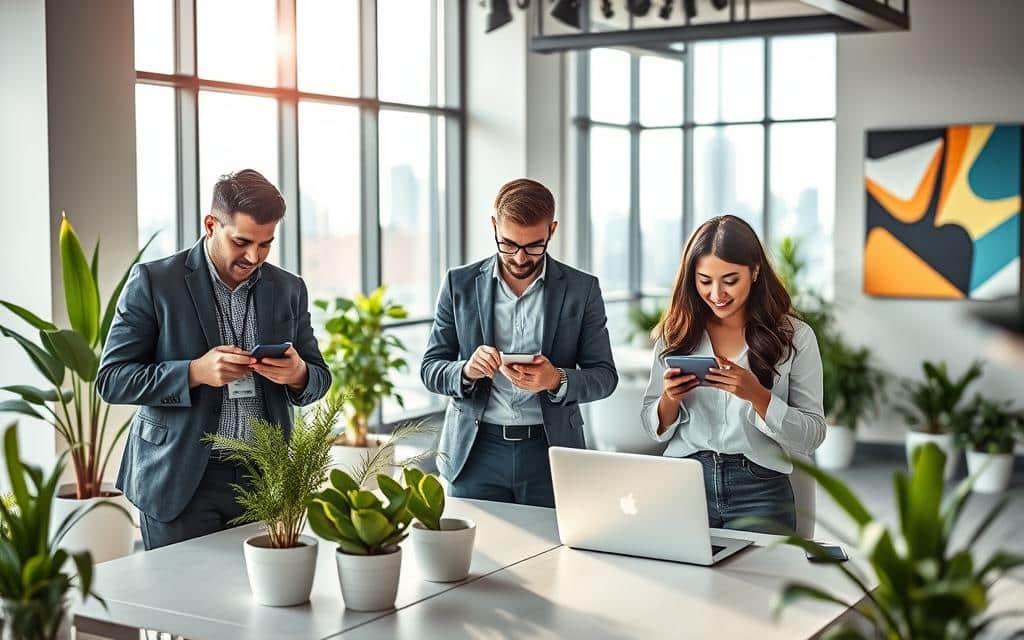 A visually engaging scene depicting a mobile-friendly experience in a modern workspace. In the foreground, a diverse group of three professionals in smart casual attire collaborates over smartphones and tablets, showcasing intuitive interfaces and apps. The middle ground features a sleek desk with a laptop, surrounded by plants that add a touch of greenery, and a wall adorned with modern artwork that promotes creativity. In the background, large windows reveal a bright city skyline, symbolizing connectivity and innovation. Soft, natural light pours in, casting gentle shadows and creating a welcoming atmosphere. The overall mood is one of productivity and collaboration, emphasizing the seamless integration of mobile technology in everyday life.