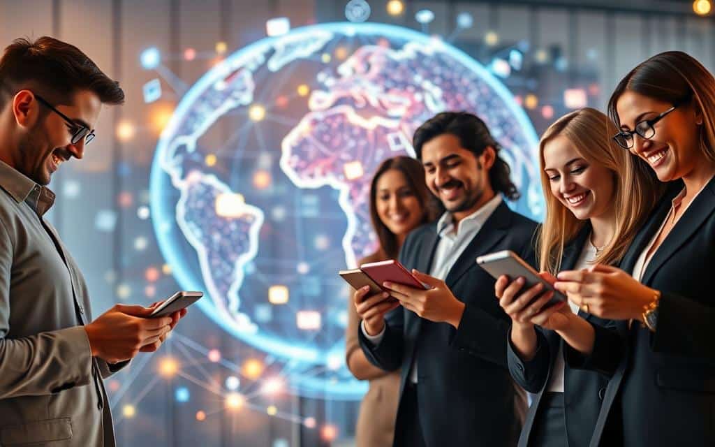A visually striking representation of global connectivity through social media. In the foreground, diverse individuals of various ethnicities wearing professional business attire are engaged with their digital devices, smiling as they share content. In the middle ground, a vibrant network of interconnected social media icons and lines appears, symbolizing communication pathways. The background features a stylized globe illuminated with glowing data streams and digital patterns, suggesting a dynamic exchange of ideas across continents. The scene is bathed in warm, ambient light, creating an inviting and optimistic atmosphere. The perspective is slightly elevated, capturing the interconnectedness of people and technology, while maintaining focus on the joy of shared communication.